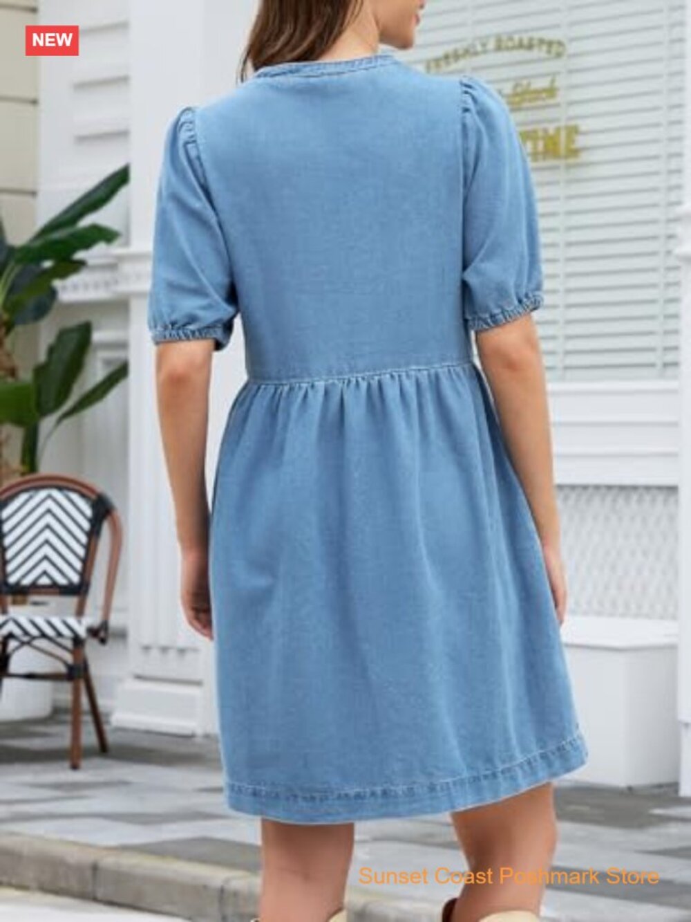 Babydoll Denim Dress Puff Short Sleeve Jean Romper Bow Tie Neckline Mini - Picture 2 of 7